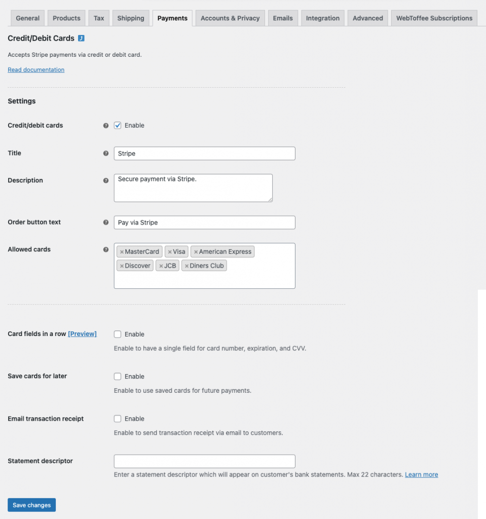 Configure the payment method settings