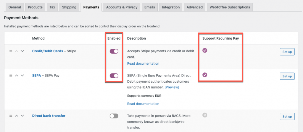 enable the payment gateways for WooCommerce subscriptions