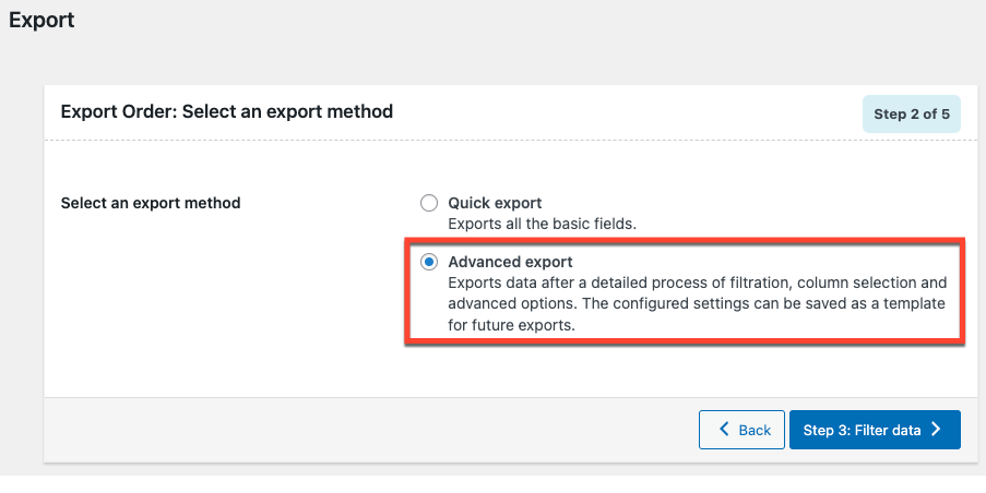 advanced export for WooCommerce option in the import export plugin