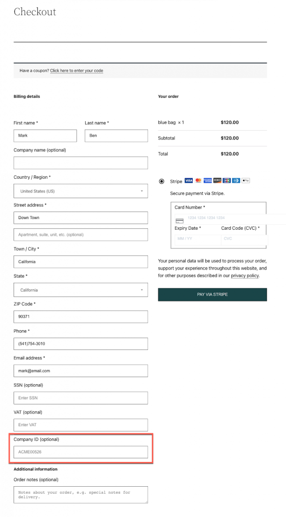 Additional fields displayed in the checkout page
