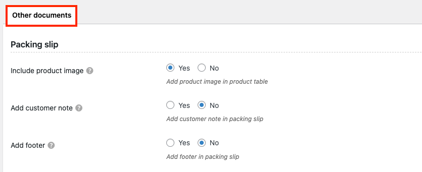 Packing Slip settings under Other documents