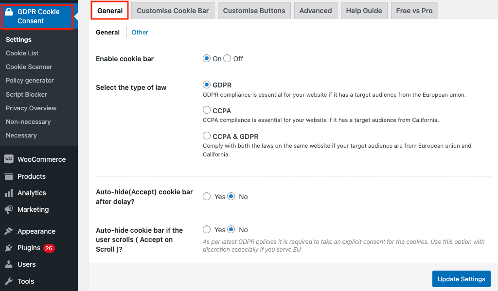 Cookie consent banner general settings