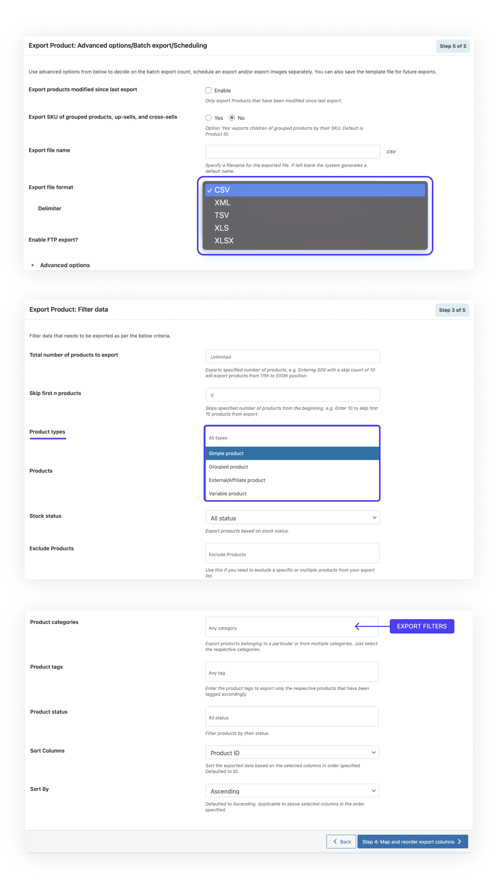 Product export screen for WooCommerce Product Import Export Plugin