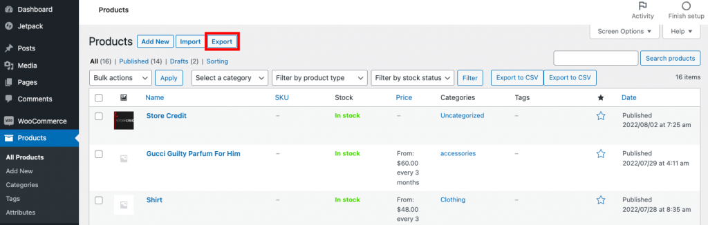 Export specific products from WooCommerce store