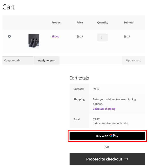Google pay Button at WooCommerce cart page