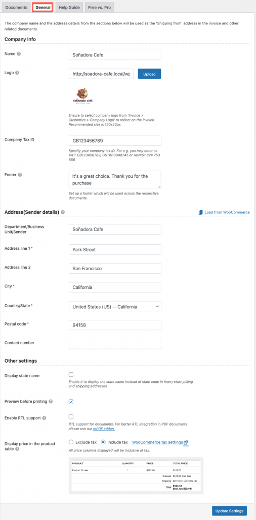 Woocommerce PDF invoice pluging general settings