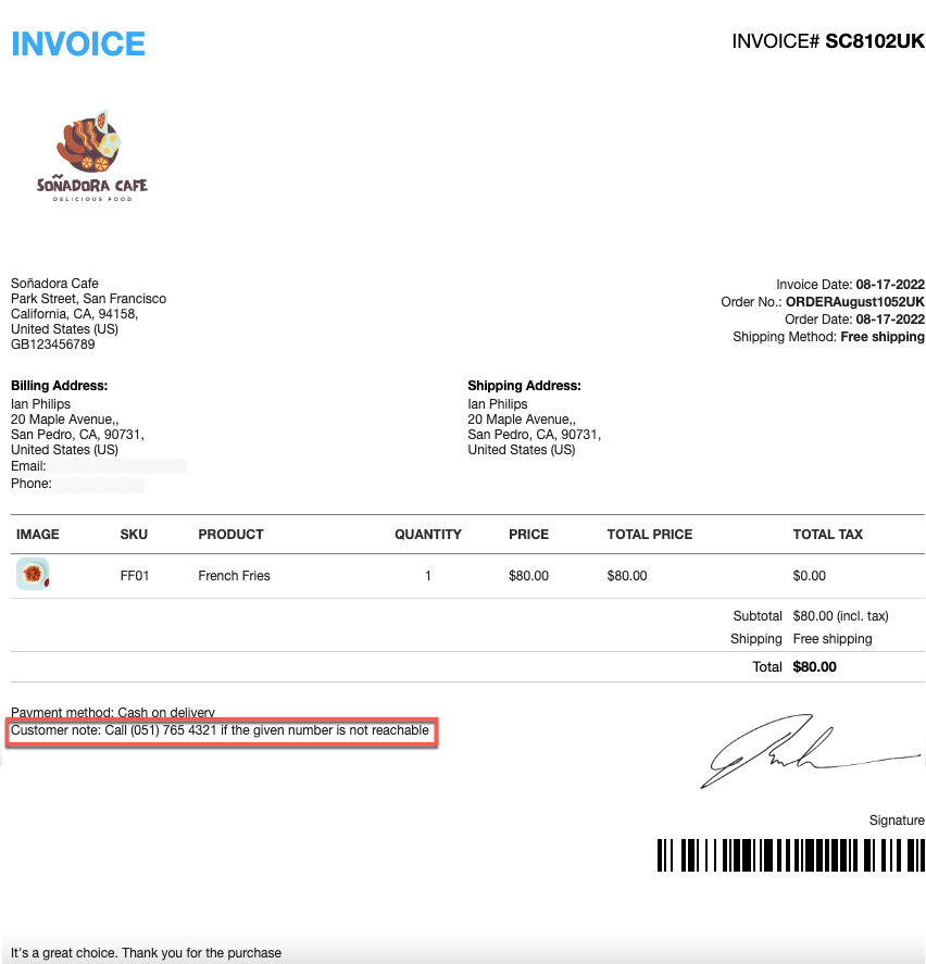 Sample invoice with customer note in woocommerce