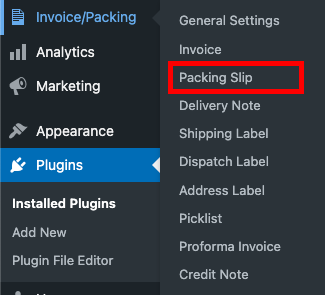 Packing Slip menu under Invoice/Packing.