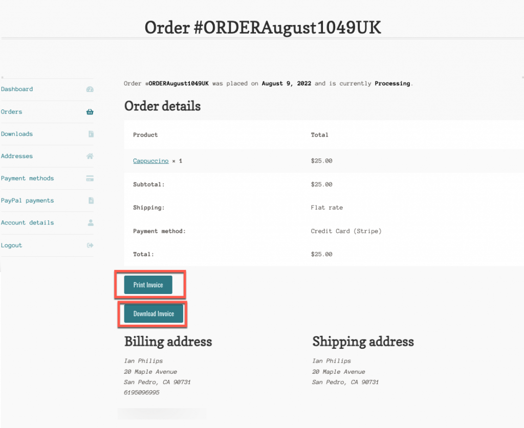 Detailed view of order to print invoice by customer