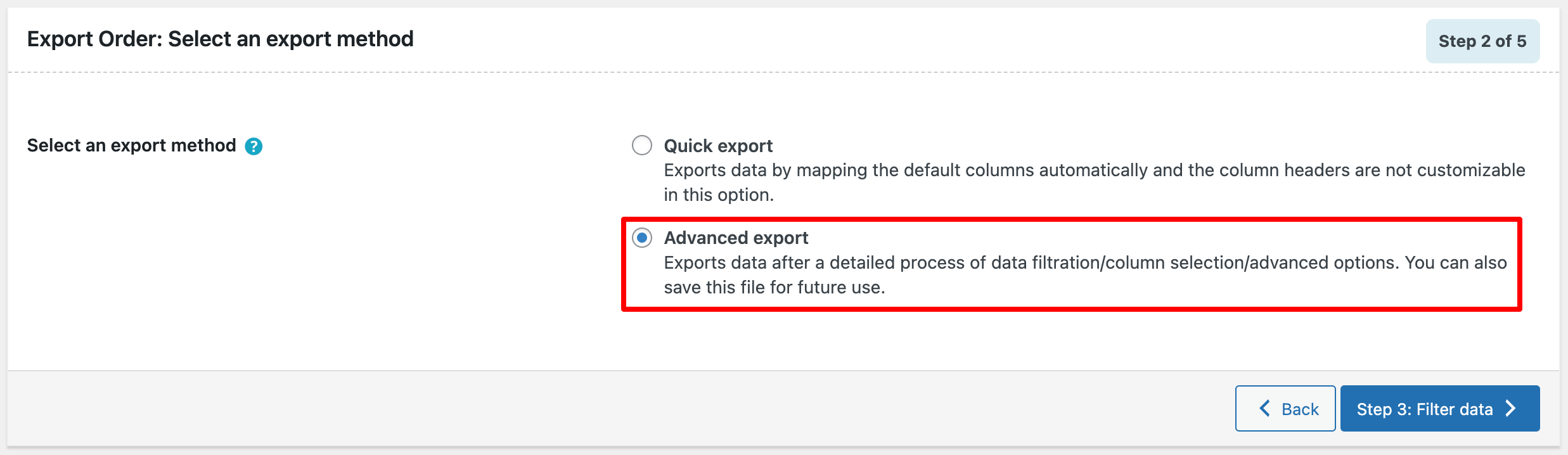 Advanced order export option is selected