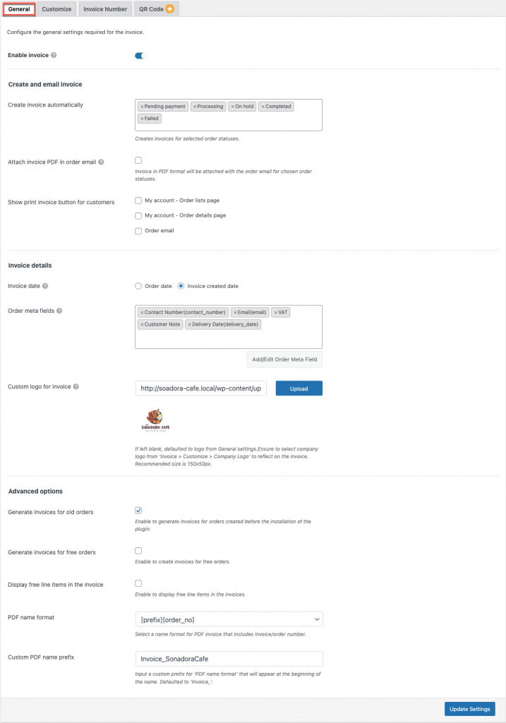 Woocommerce PDF invoice basic settings