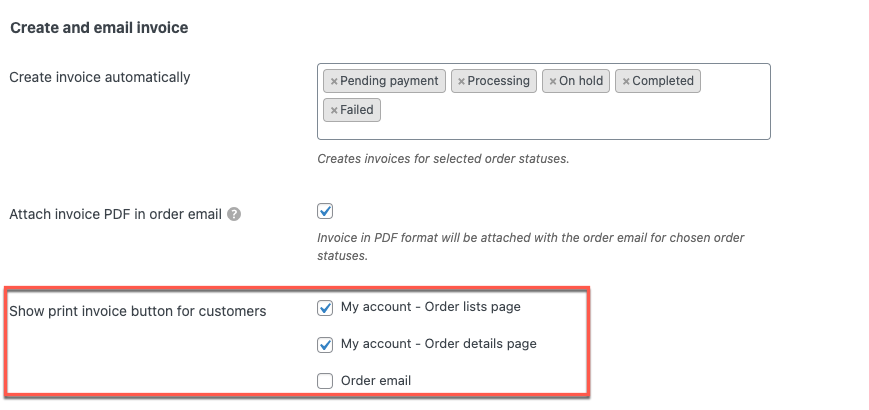 Print invoice button for customers in Woocommerce