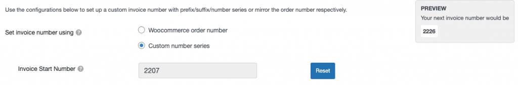 custom number series option in Invoice number tab in woocommerce