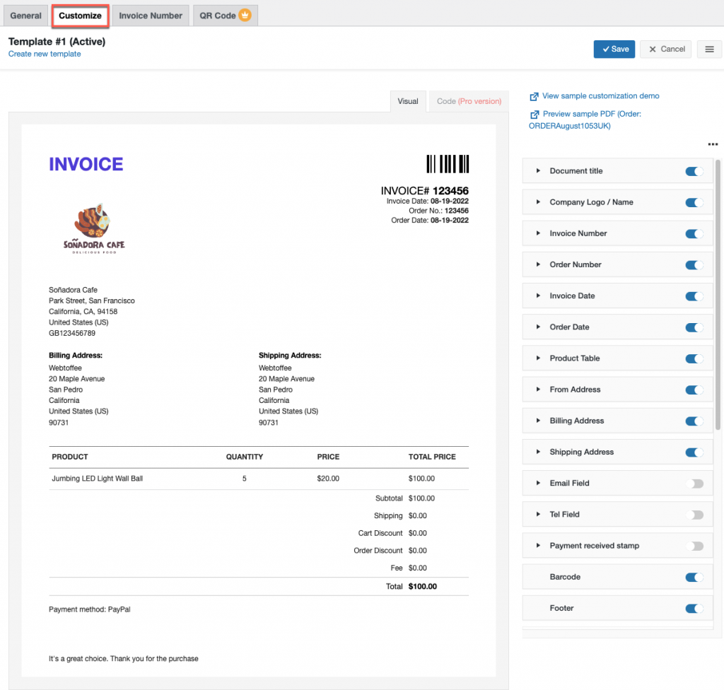 Customizer of PDF invoice woocommerce