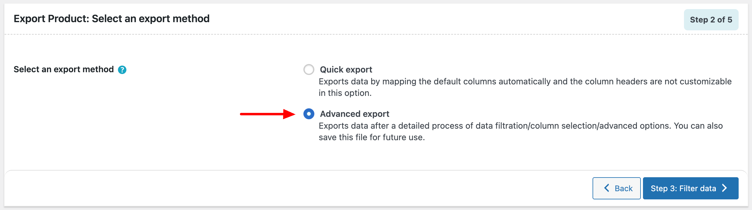 Choosing advanced export method