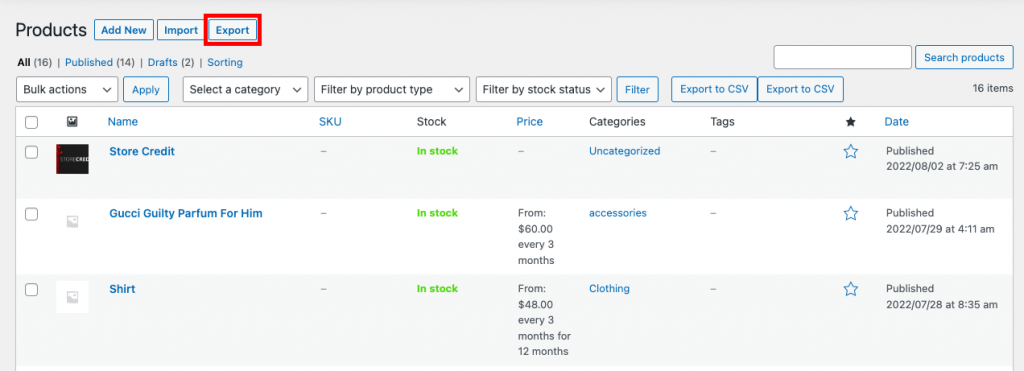 export WooCommerce products with default options