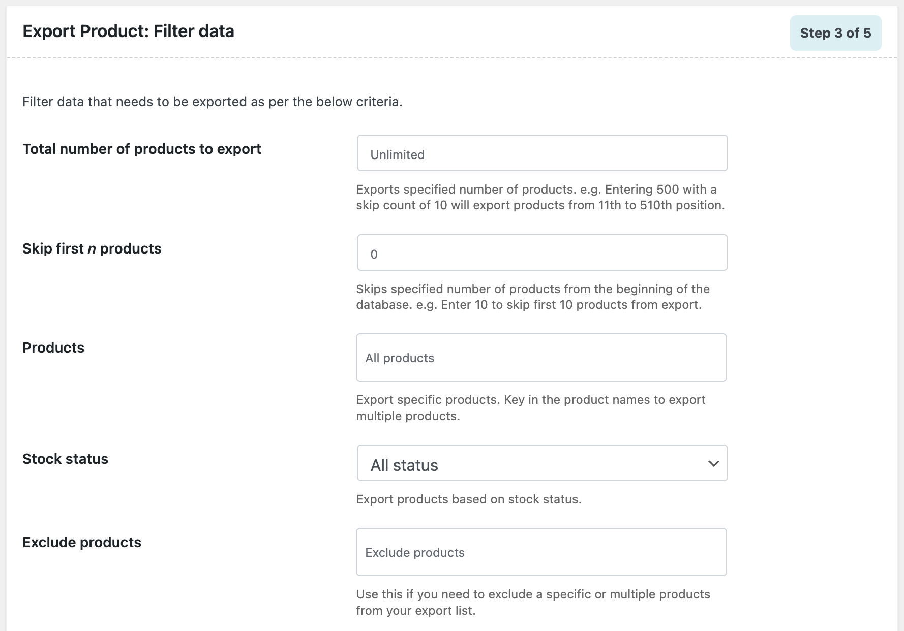 Export filtering options