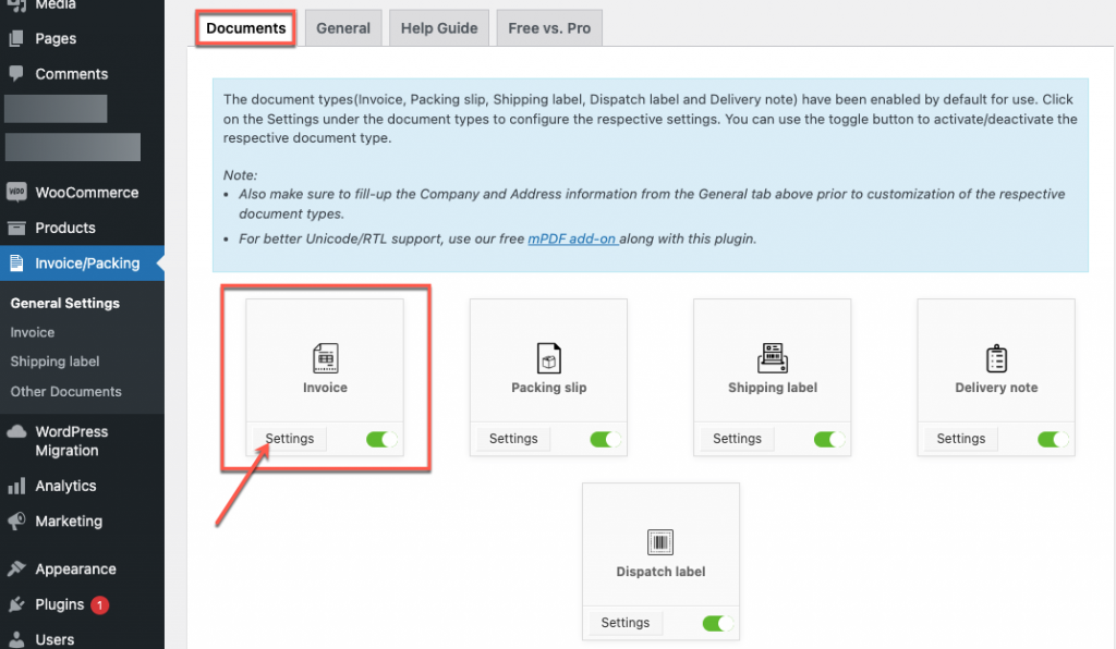 Woocommerce PDF invoice plugin settings page