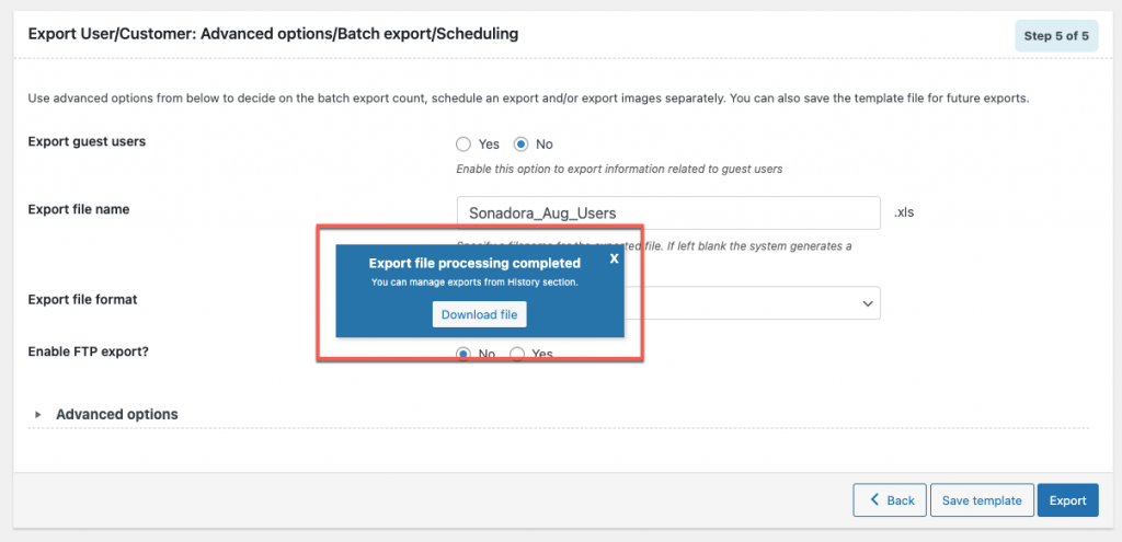 download the excel file of users to export in wordpress