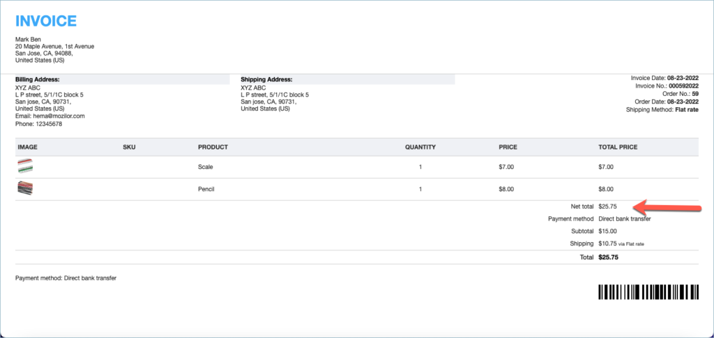 Sample Invoice PDF with new row added using filter and placeholder.