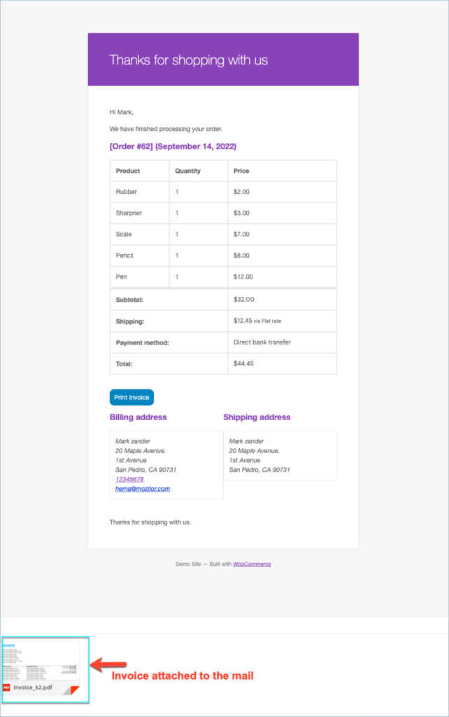 Sample WooCommerce customer order email with invoice attached