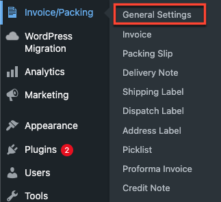 General settings of WooCommerce invoice plugin