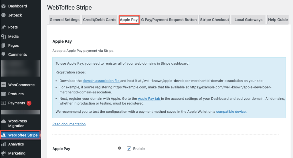 Apple pay tab from WebToffee Stripe
