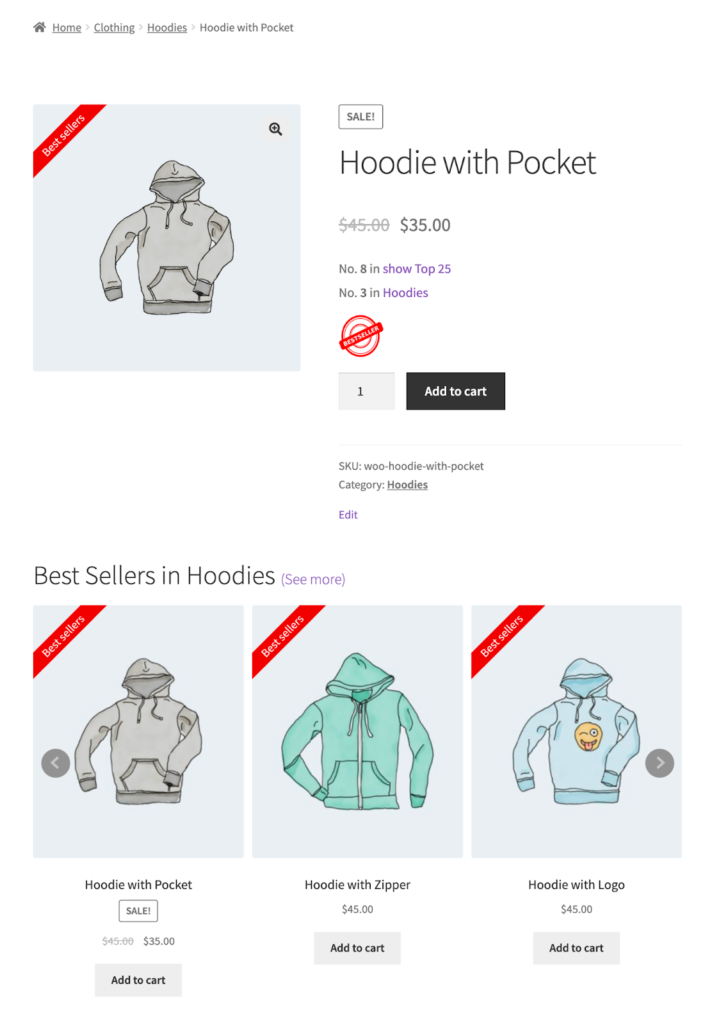 Best sellers label, seal and slider in product page