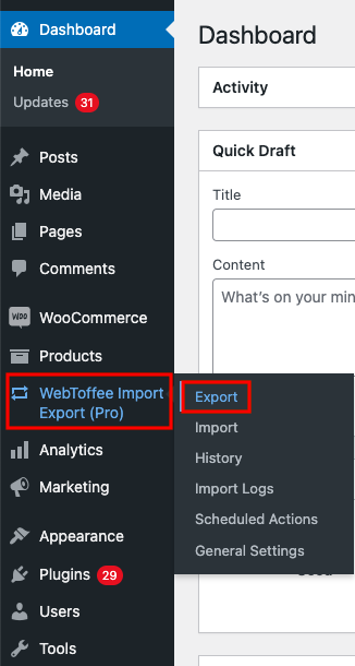Export option under WebTofee Import Export (Pro)