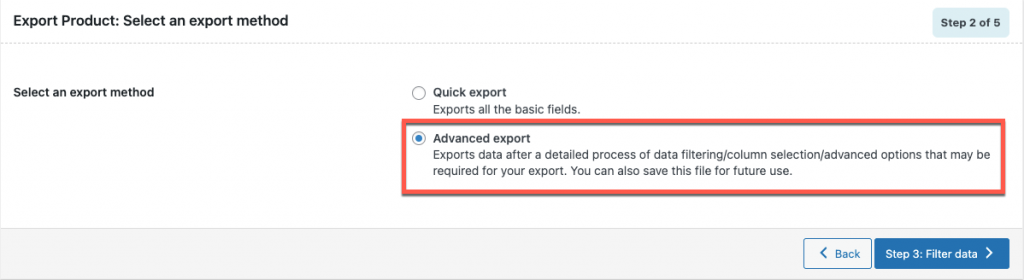 Export subscription Product Select an export method