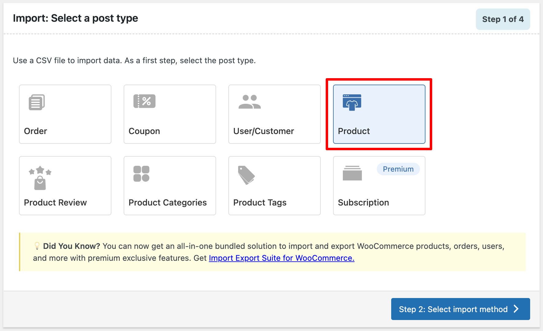 Selecting product as post type for import