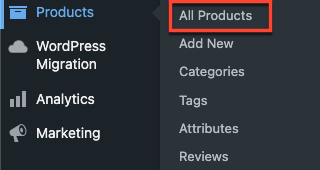 All products menu from WordPress dashboard