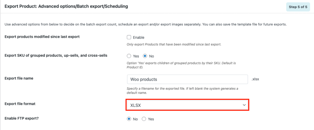 Select Excel file format for export