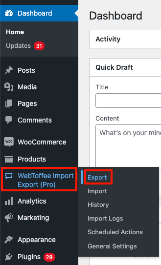 Select Export option under WebToffee Import Export (Pro)