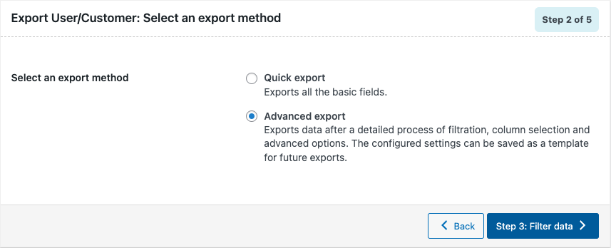 Selecting Advanced export method