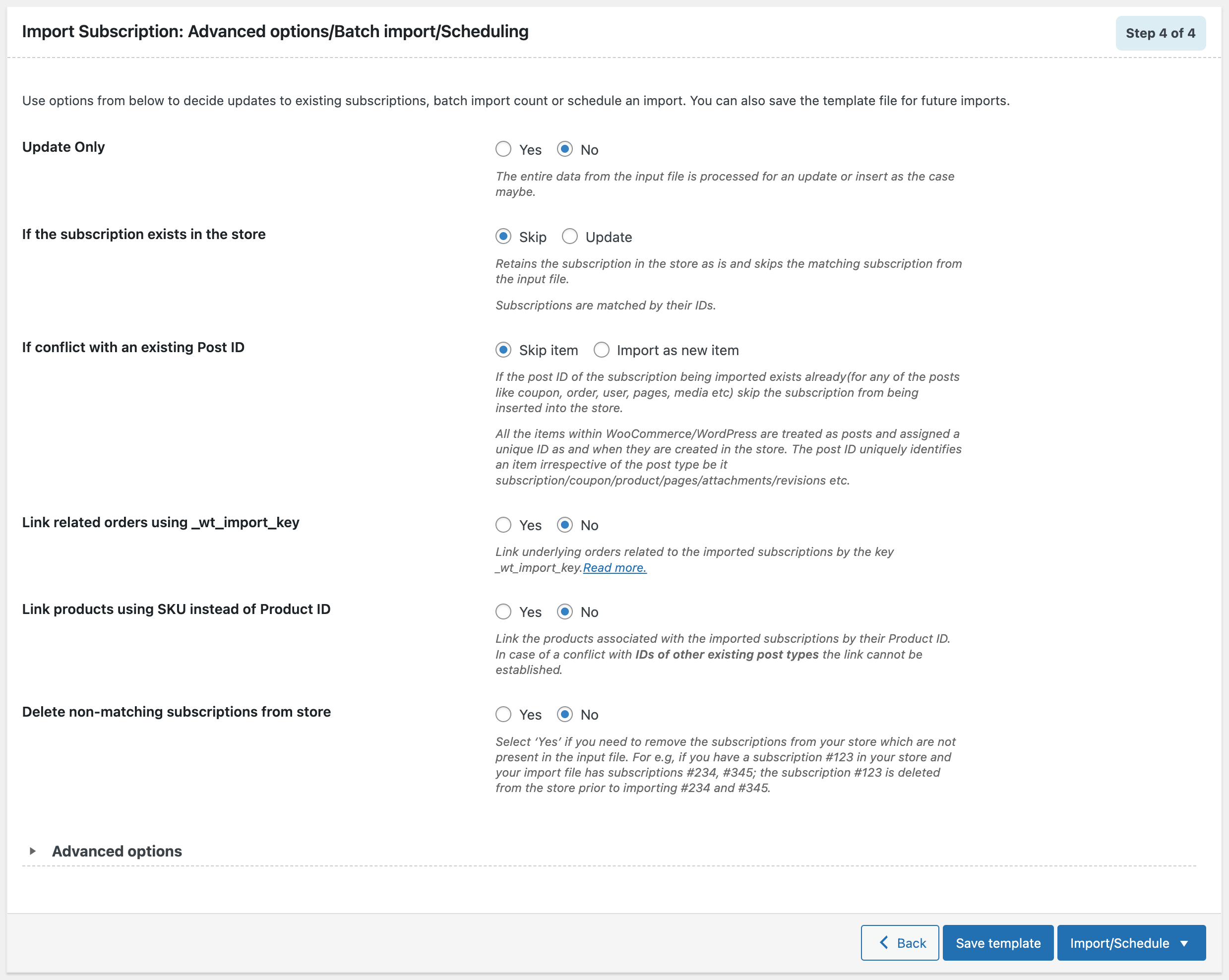 Configure advanced import options for woocommerce subscriptions.