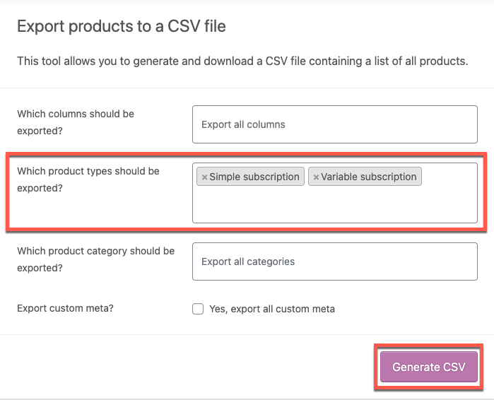 export subscription products to a csv file