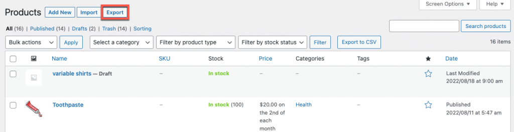 export woocommerce subscription product