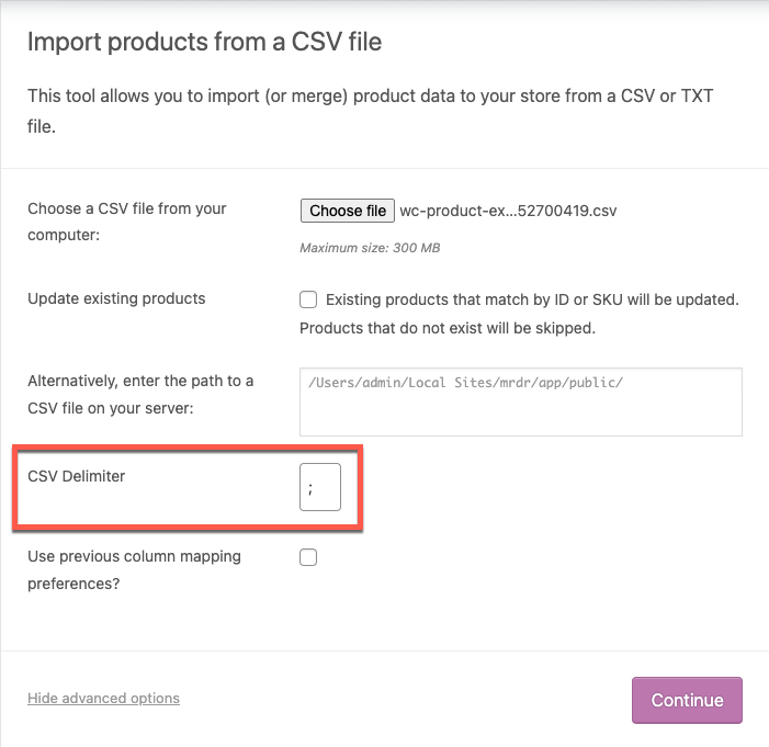 import products from a CSV file default method