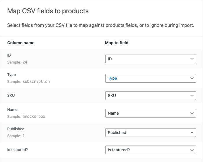 map CSV fields to import default settings