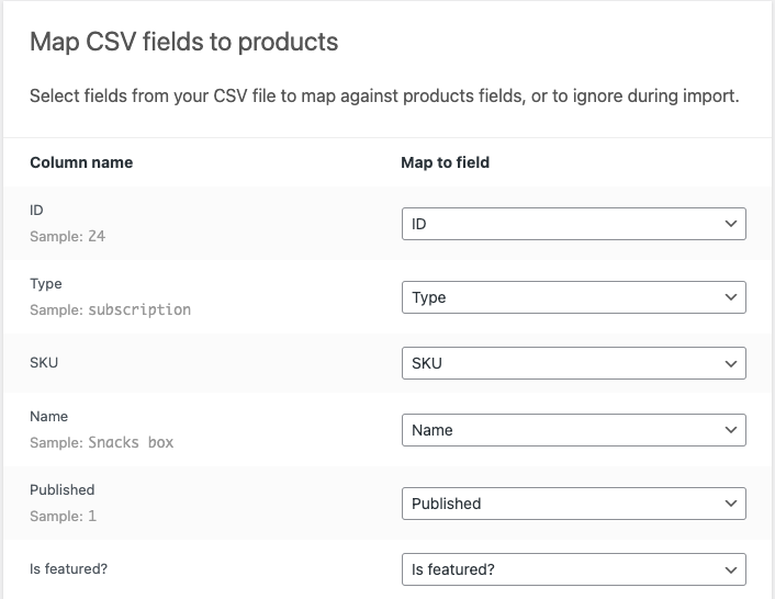 map csv subscription fields to products