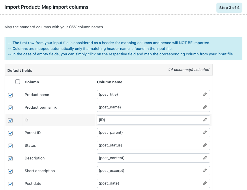 map import columns to product fields during import