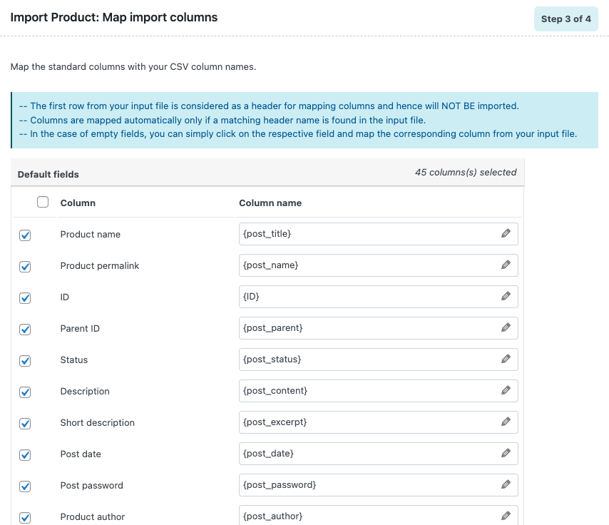 map the import columns to the product fields