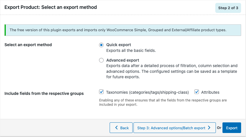 select an export method for advanced product export using a pugin