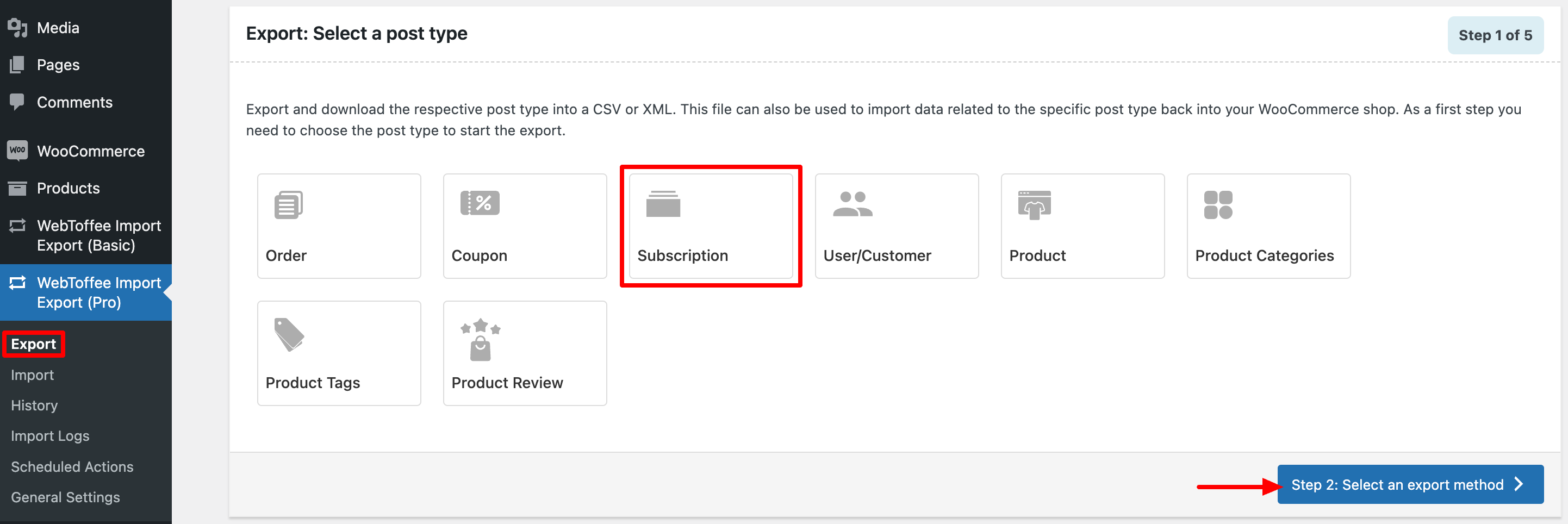 Selecting subscriptions as post type for export