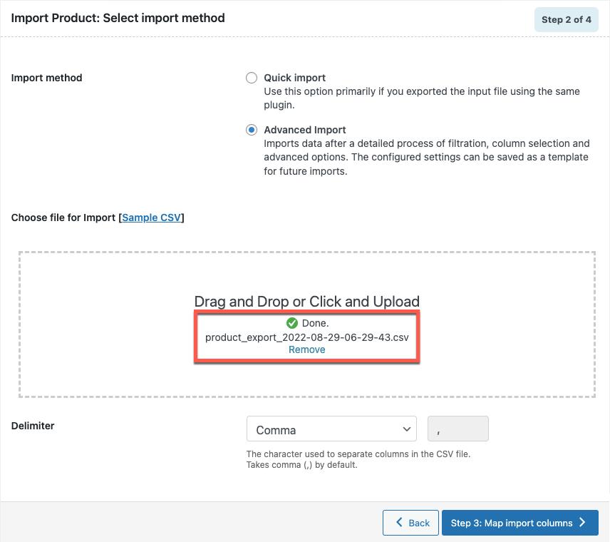 select the method for importing woocommerce products