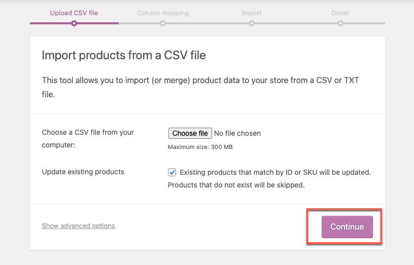 Woocommerce in-built import products using CSV file