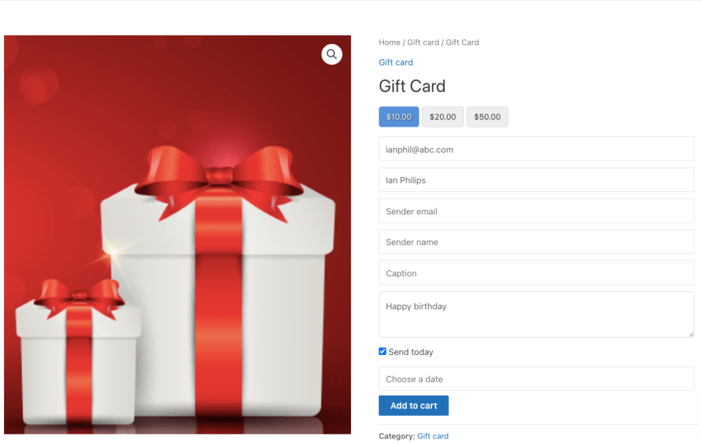 Gift card front end