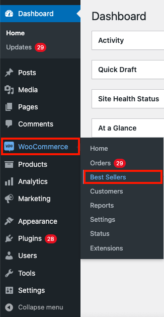 Navigate to WooCommerce Best sellers from the dashboard