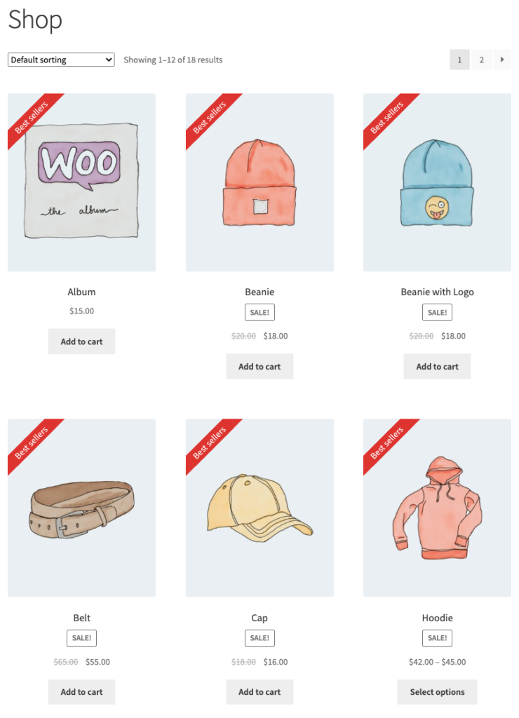 Shop page with best seller labels
